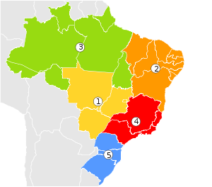 Brazilian regions numered map.